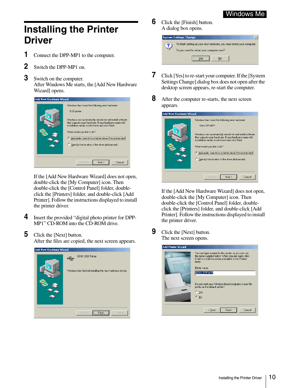 Installing the printer driver | Sony DPP-MP1 User Manual | Page 10 / 26