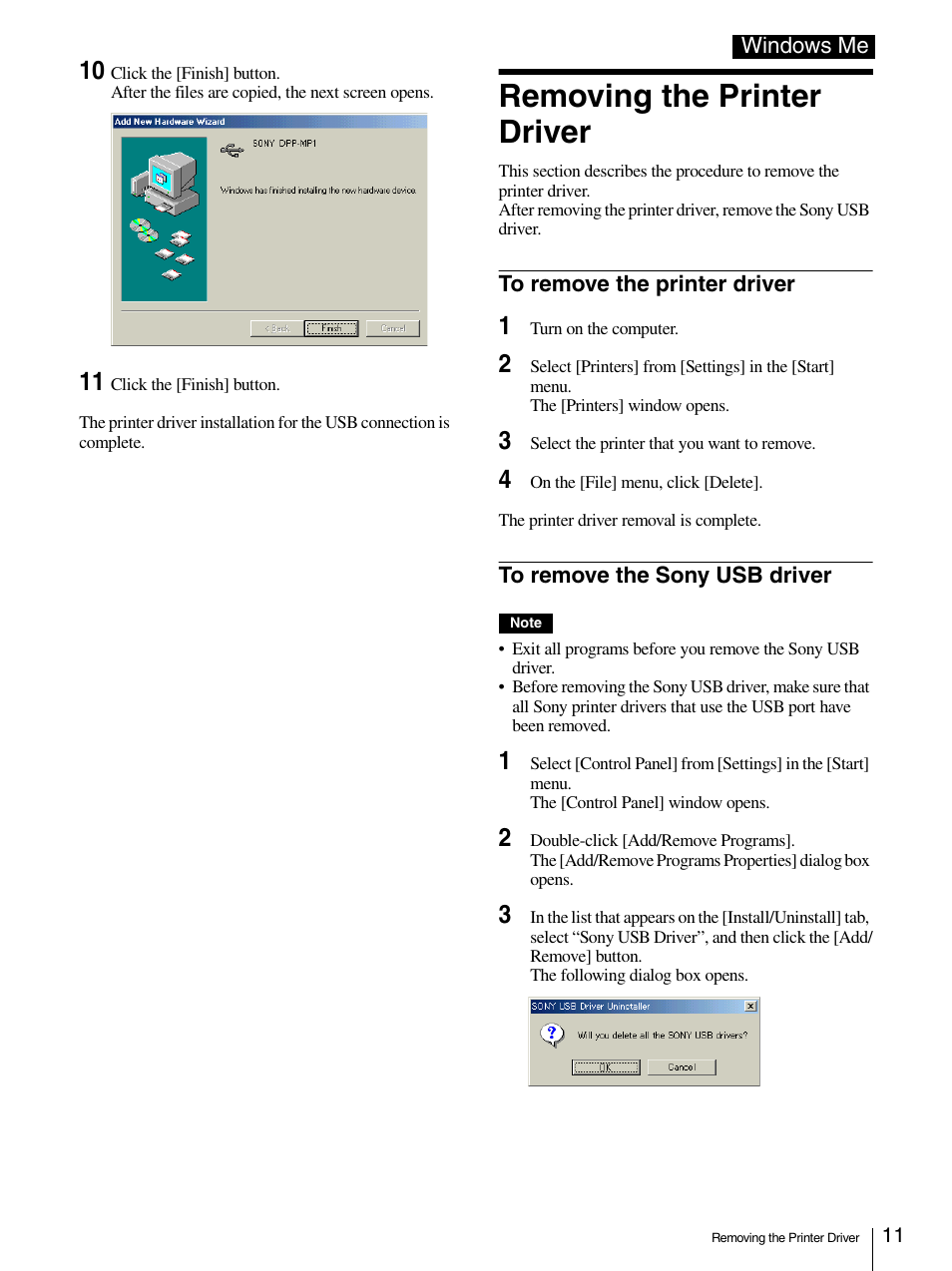 Removing the printer driver, To remove the printer driver, To remove the sony usb driver | Sony DPP-MP1 User Manual | Page 11 / 26