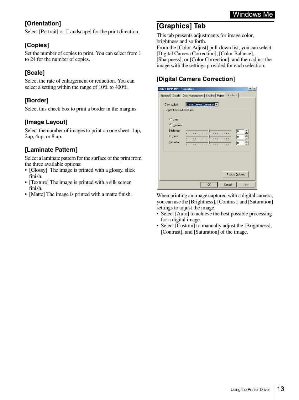 Graphics] tab, Windows me | Sony DPP-MP1 User Manual | Page 13 / 26