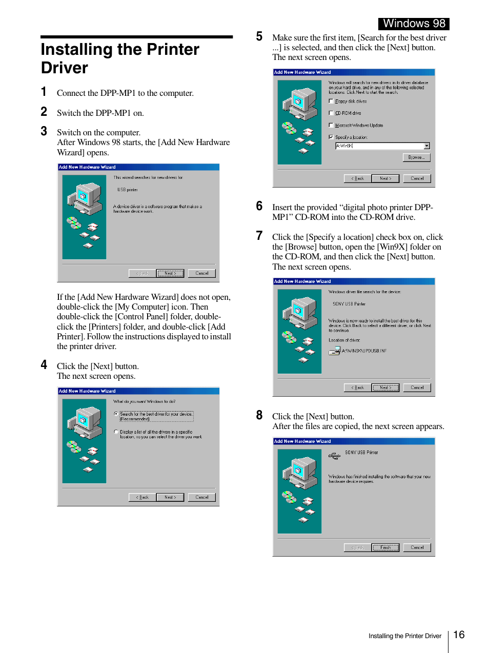 Installing the printer driver | Sony DPP-MP1 User Manual | Page 16 / 26