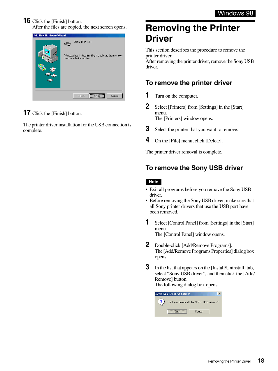 Removing the printer driver, To remove the printer driver, To remove the sony usb driver | Sony DPP-MP1 User Manual | Page 18 / 26