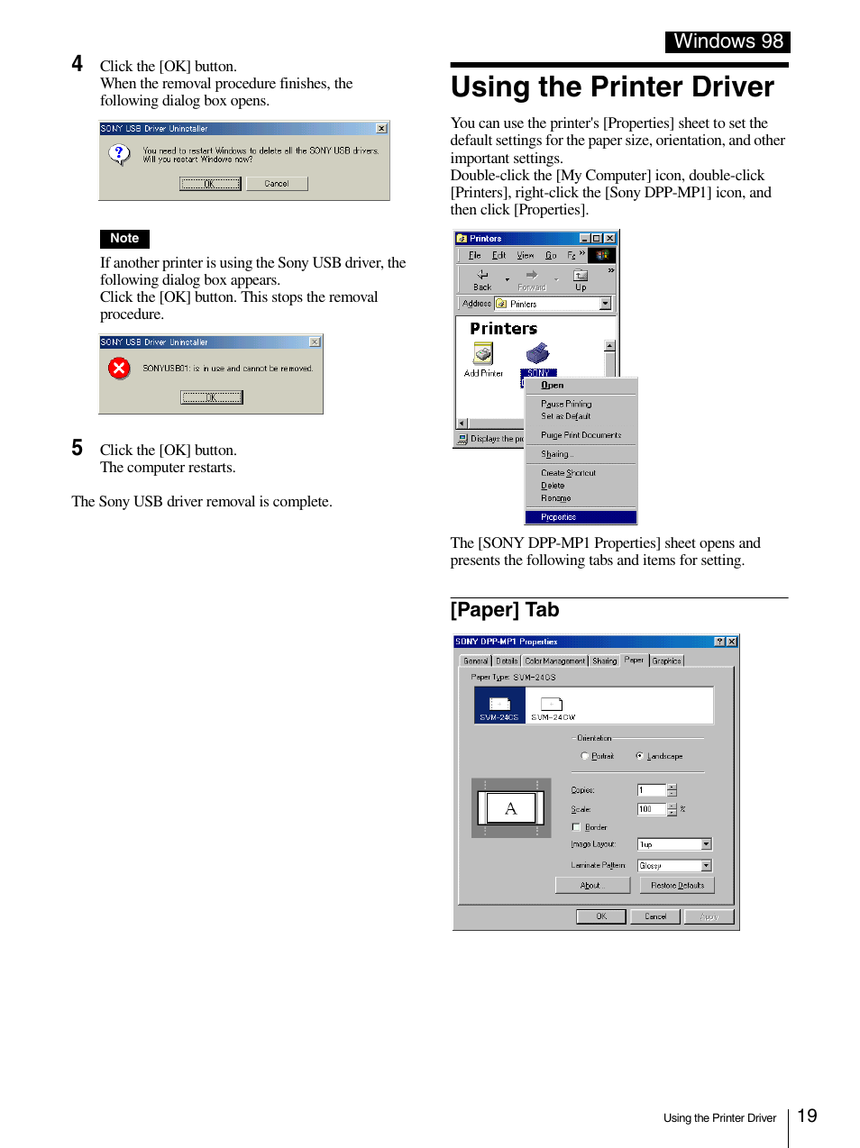 Using the printer driver, Paper] tab | Sony DPP-MP1 User Manual | Page 19 / 26