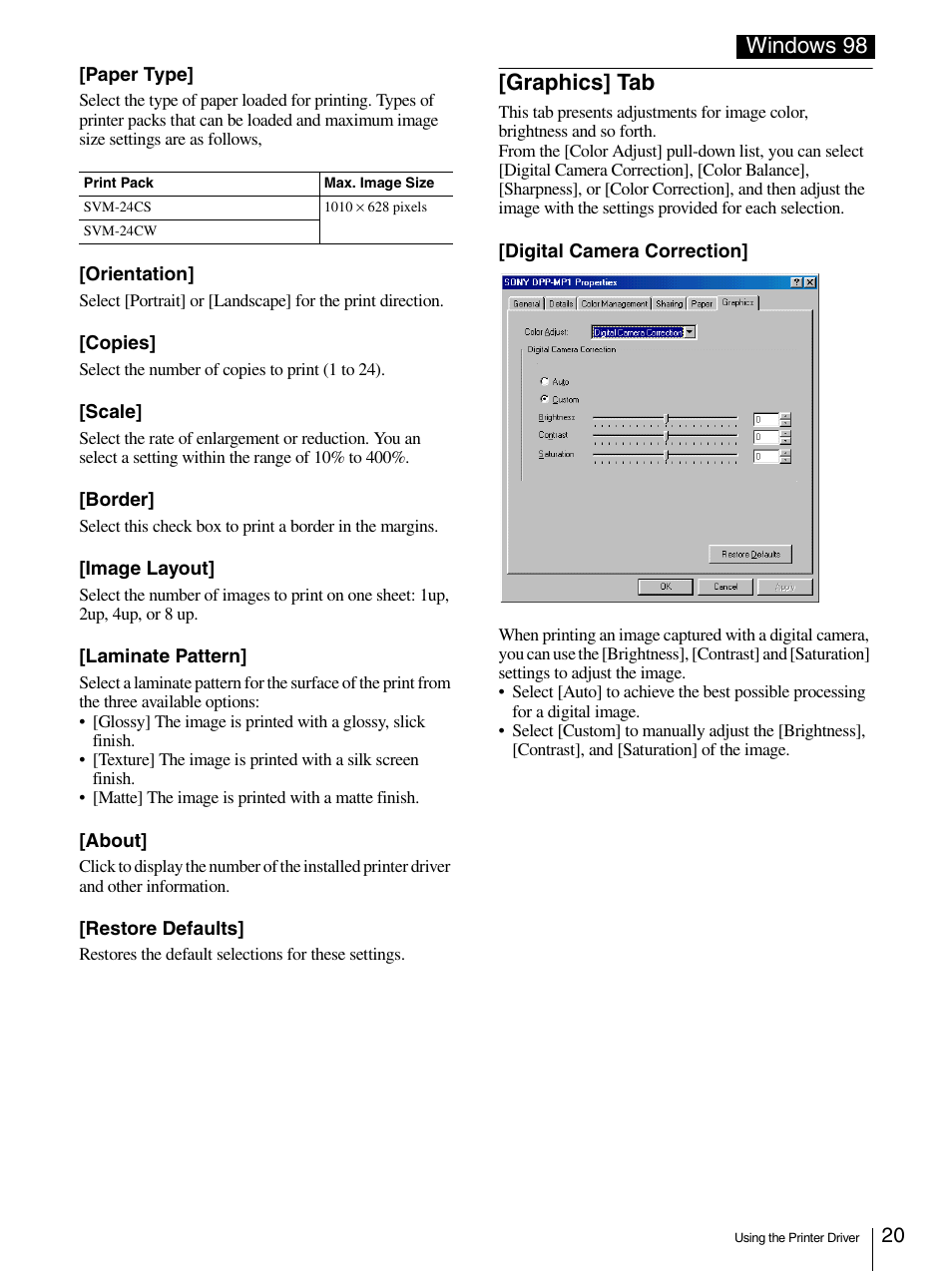 Graphics] tab, Windows 98 | Sony DPP-MP1 User Manual | Page 20 / 26