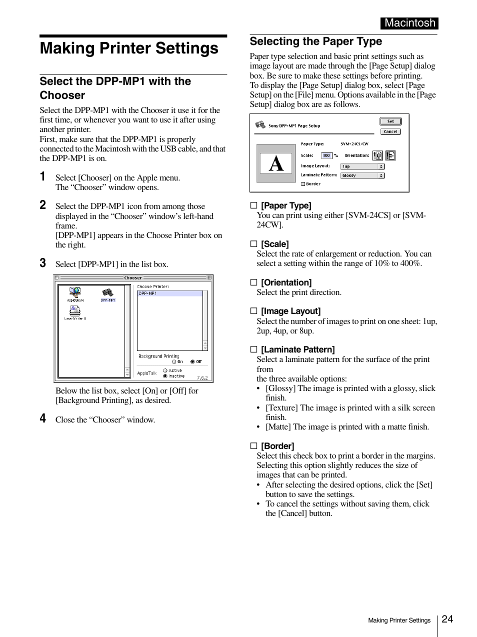 Making printer settings, Select the dpp-mp1 with the chooser, Selecting the paper type | Sony DPP-MP1 User Manual | Page 24 / 26