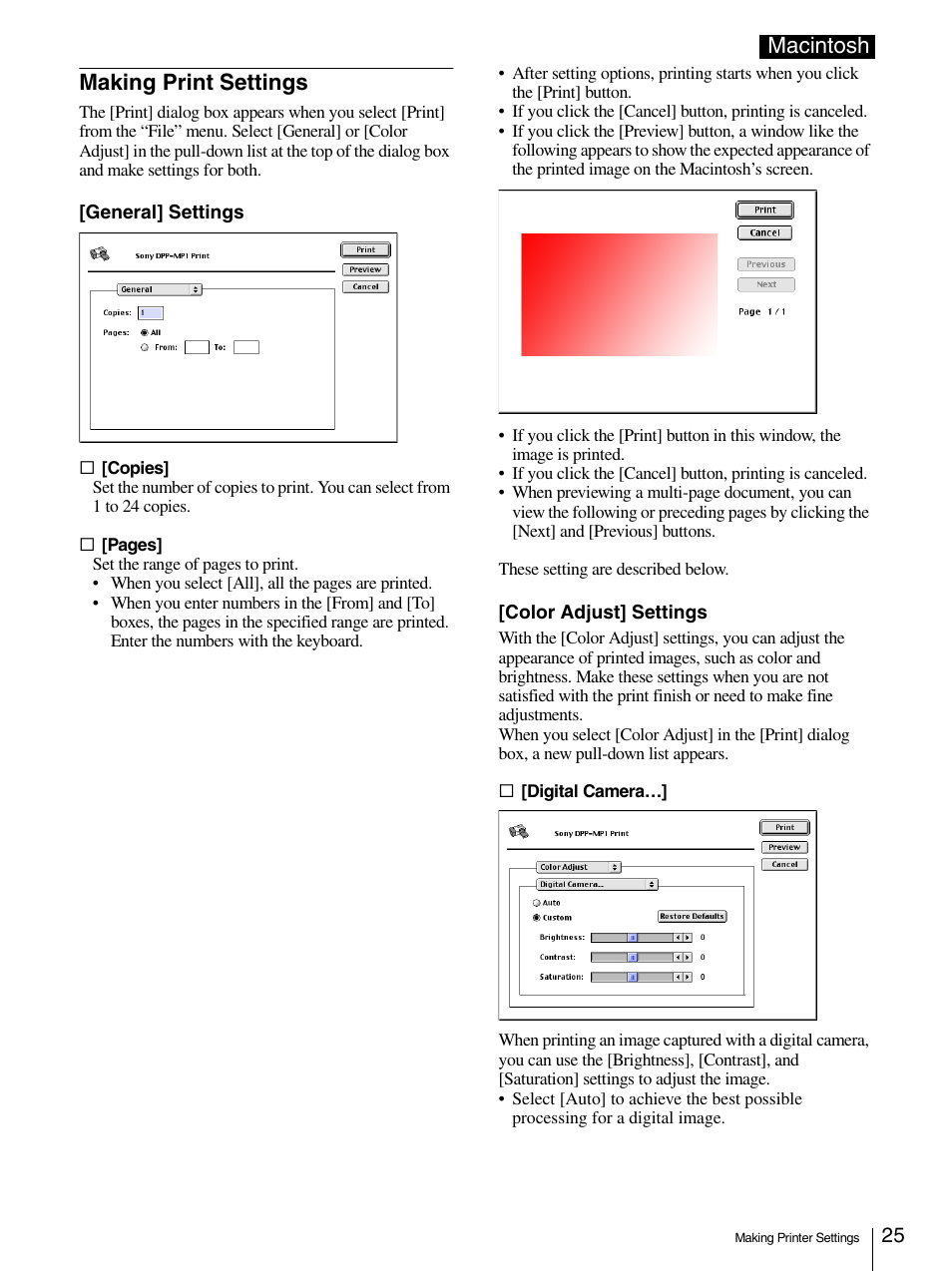 Making print settings, Macintosh making print settings | Sony DPP-MP1 User Manual | Page 25 / 26