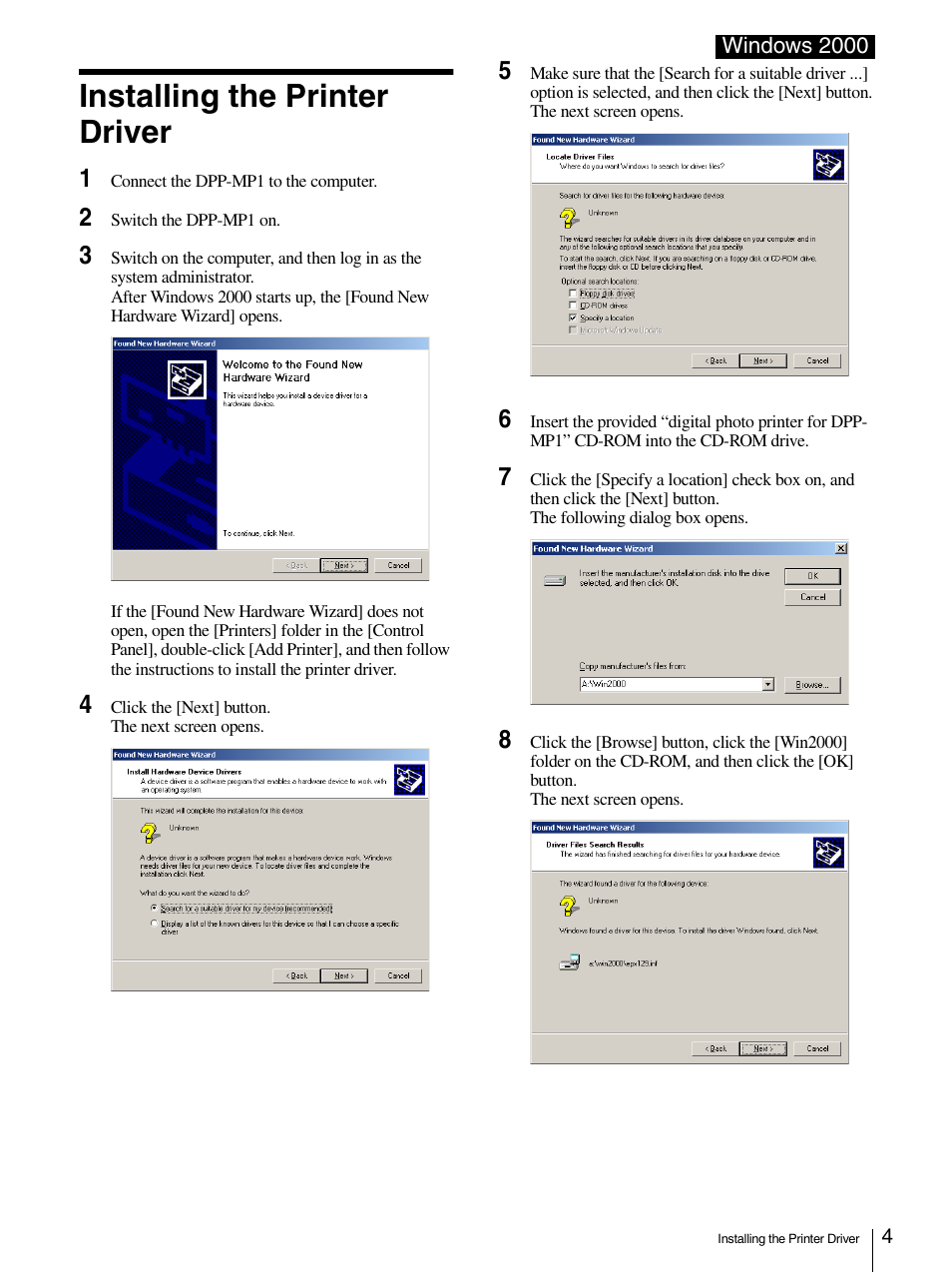 Installing the printer driver | Sony DPP-MP1 User Manual | Page 4 / 26