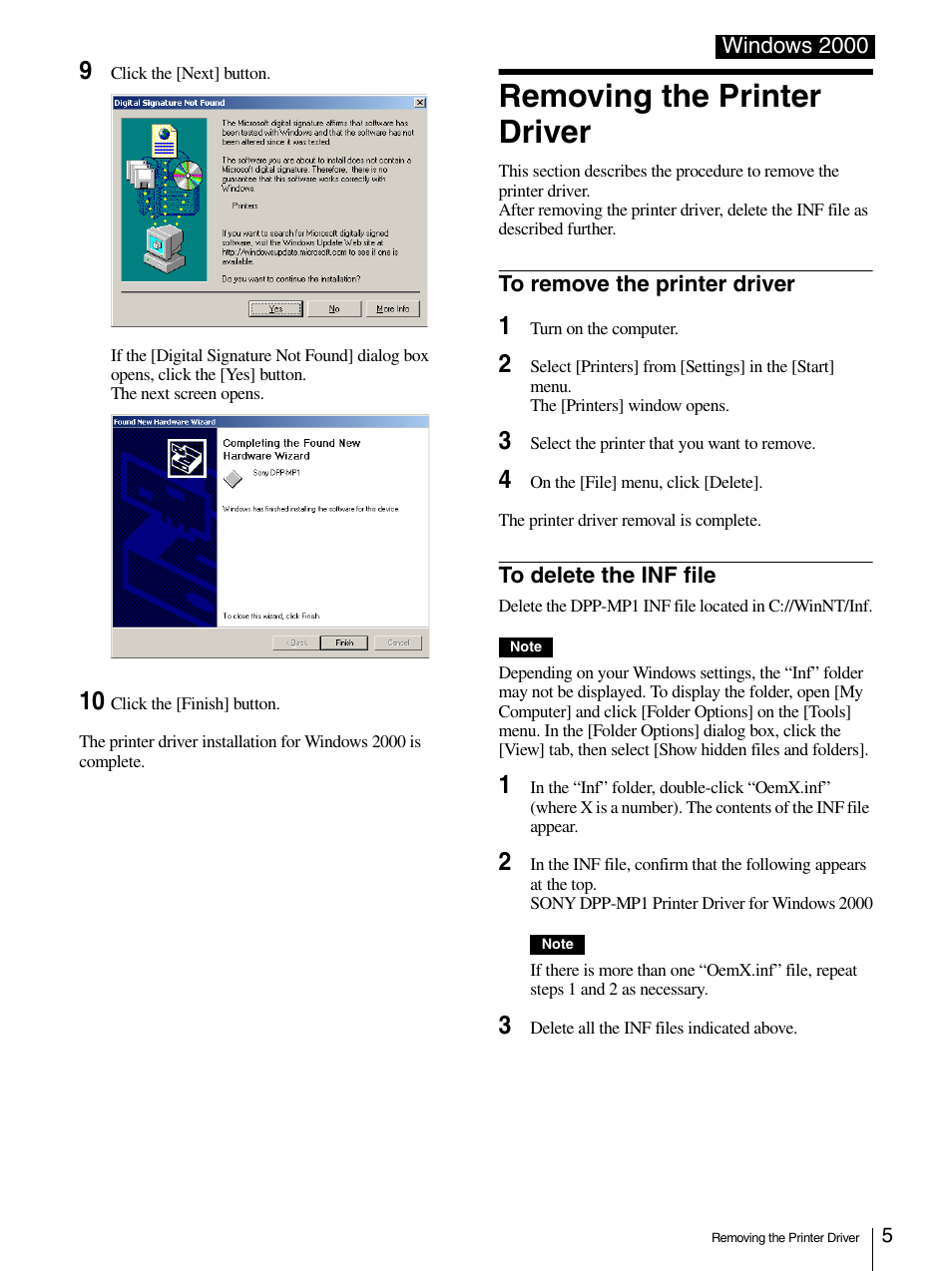 Removing the printer driver, To remove the printer driver, To delete the inf file | Sony DPP-MP1 User Manual | Page 5 / 26