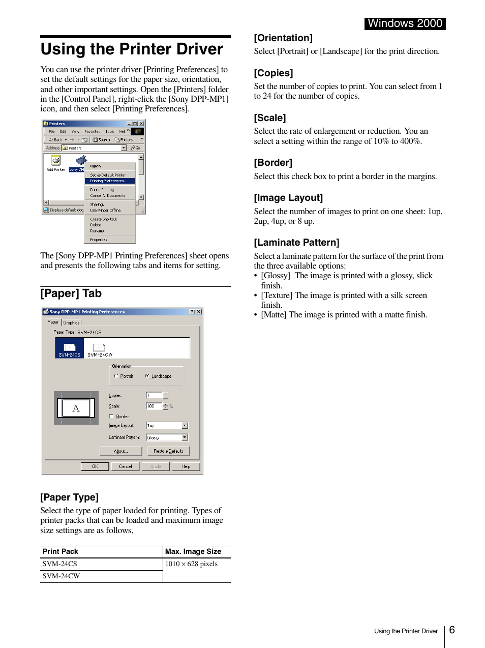 Using the printer driver, Paper] tab, Windows 2000 | Sony DPP-MP1 User Manual | Page 6 / 26