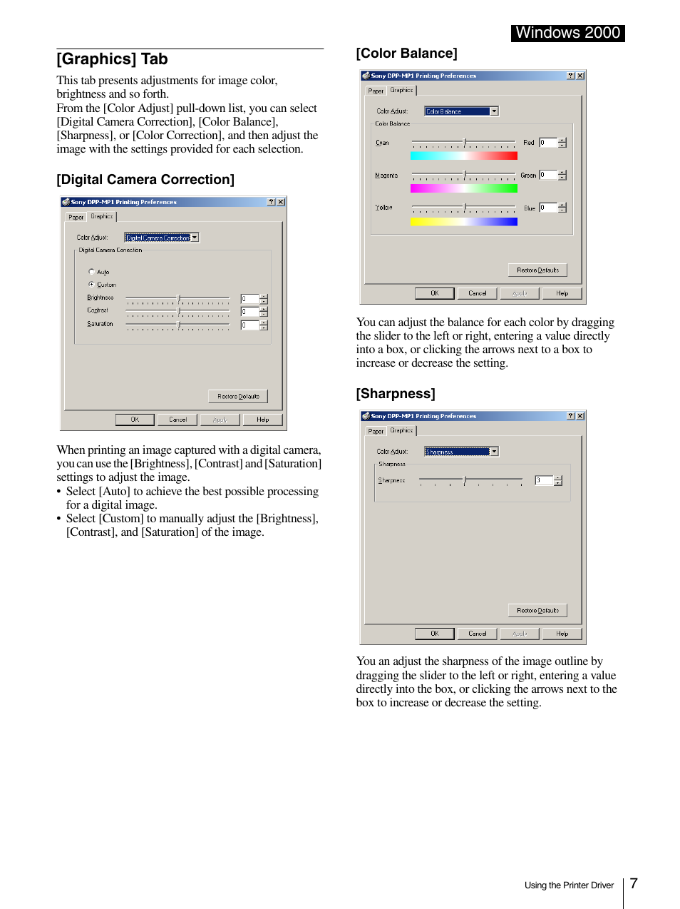 Graphics] tab, Windows 2000 [graphics] tab | Sony DPP-MP1 User Manual | Page 7 / 26