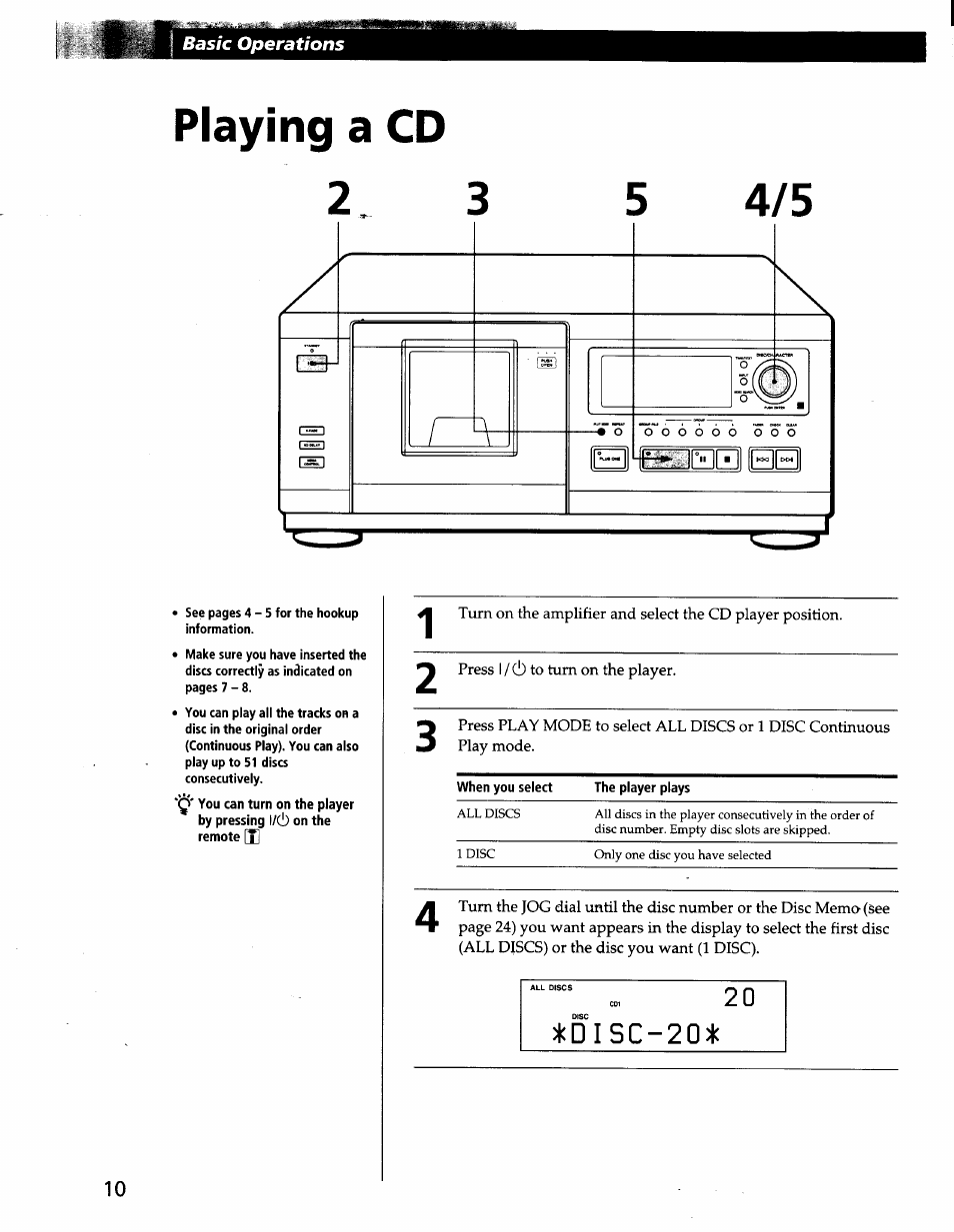 Playing a cd 2, Playing a cd, Cdisc-20)|c | Sony CDP-CX57 User Manual | Page 10 / 33
