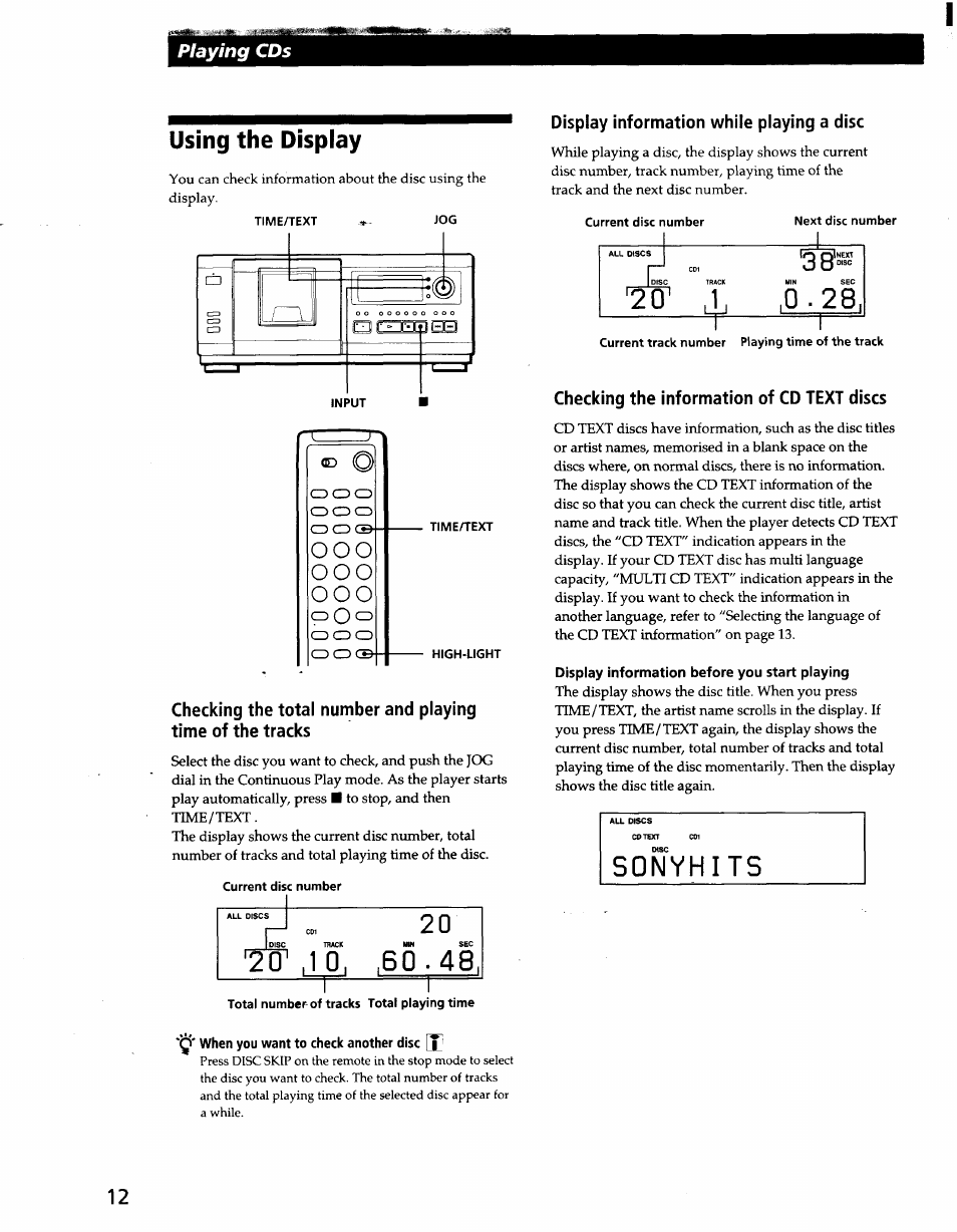 When you want to check another disc [x, Display information while playing a disc, Checking the information of cd text discs | Display information before you start playing, Using the display, Playing cds | Sony CDP-CX57 User Manual | Page 13 / 33