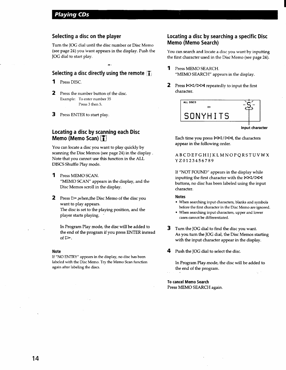 Selecting a disc on the player, Selecting a disc directly using the remote [jj, Note | Notes, To cancel memo search, Playing cds | Sony CDP-CX57 User Manual | Page 15 / 33