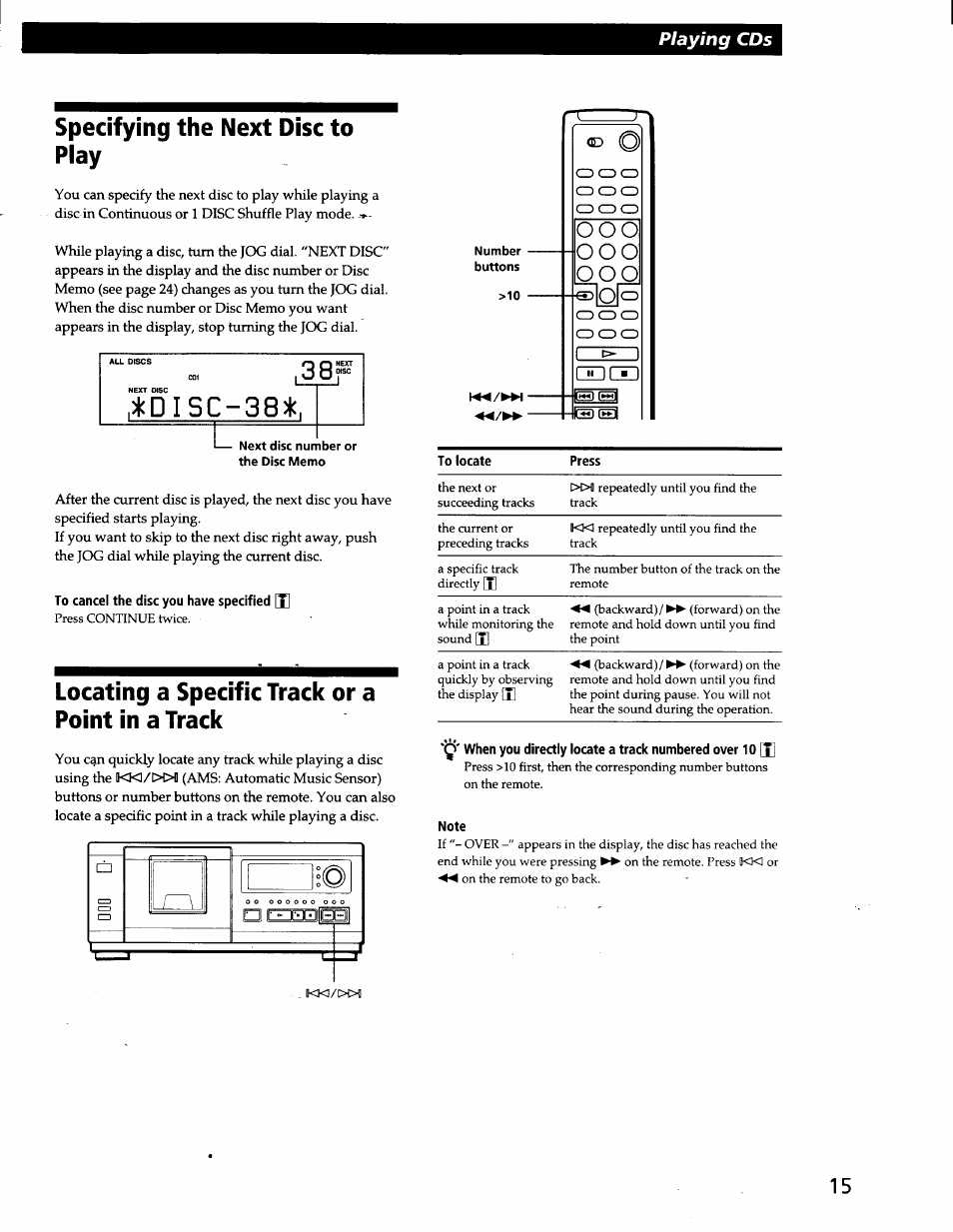 To cancel the disc you have specified [xi, Note, Specifying the next disc to play | Locating a specific track or a point in a track, O o o, Playing cds | Sony CDP-CX57 User Manual | Page 16 / 33