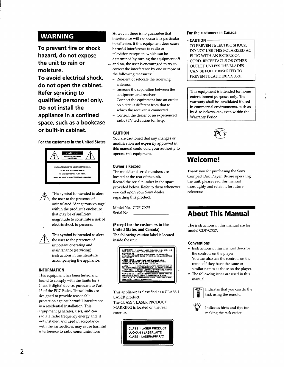 Warning, For the customers in the united states, Information | Caution, Owner's record, For the customers in canada, Conventions, Welcome, About this manual | Sony CDP-CX57 User Manual | Page 2 / 33