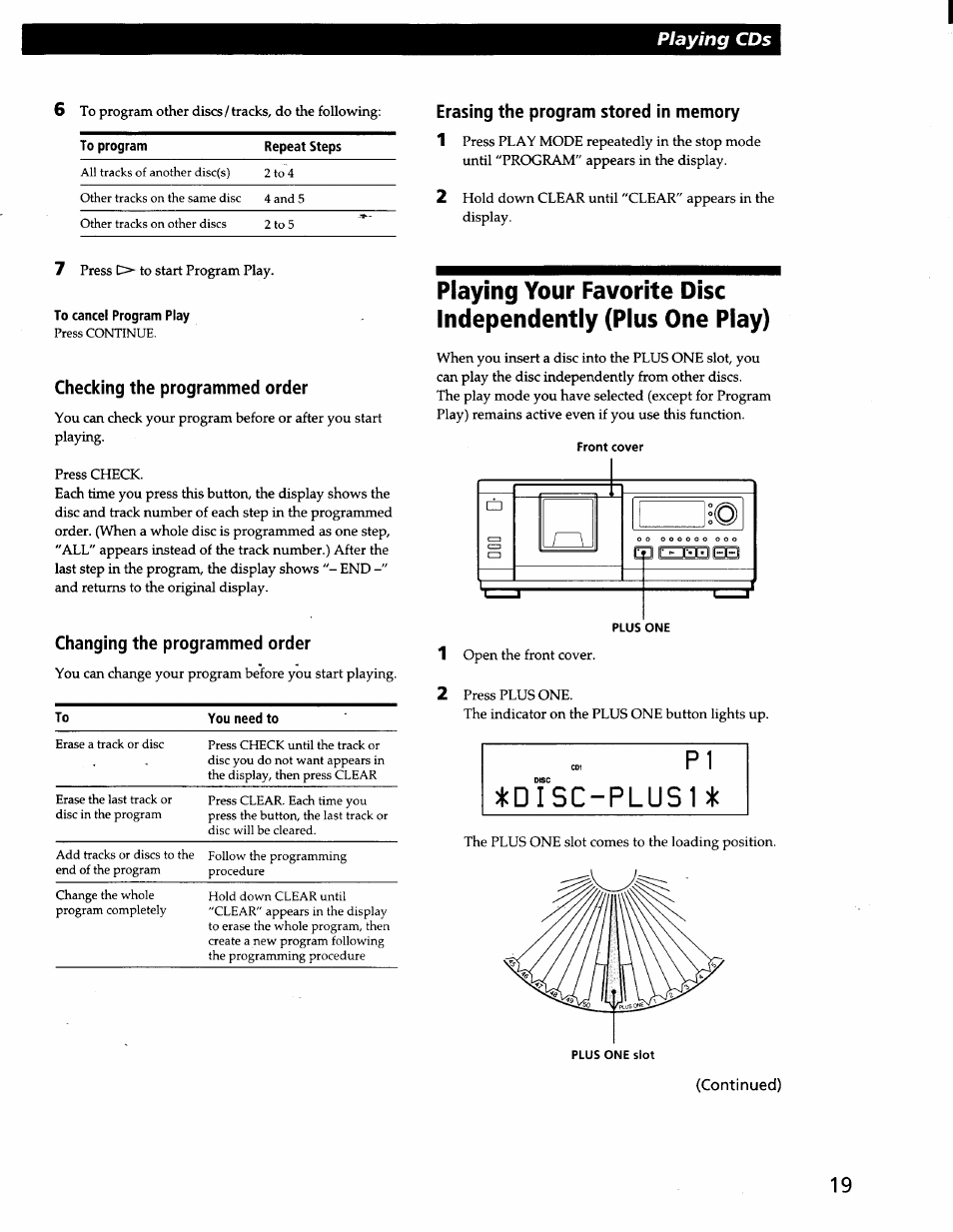 Erasing the program stored in memory, To cancel program play, Checking the programmed order | Changing the programmed order, Playing cds | Sony CDP-CX57 User Manual | Page 20 / 33