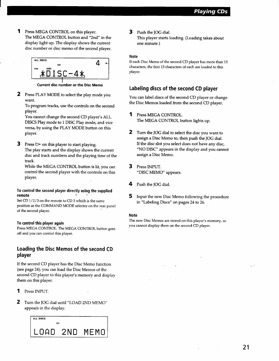 To control this player again, Note, Labeling discs of the second cd player | Loading the disc memos of the second cd player, Icdisc-4t, Playing cds | Sony CDP-CX57 User Manual | Page 22 / 33