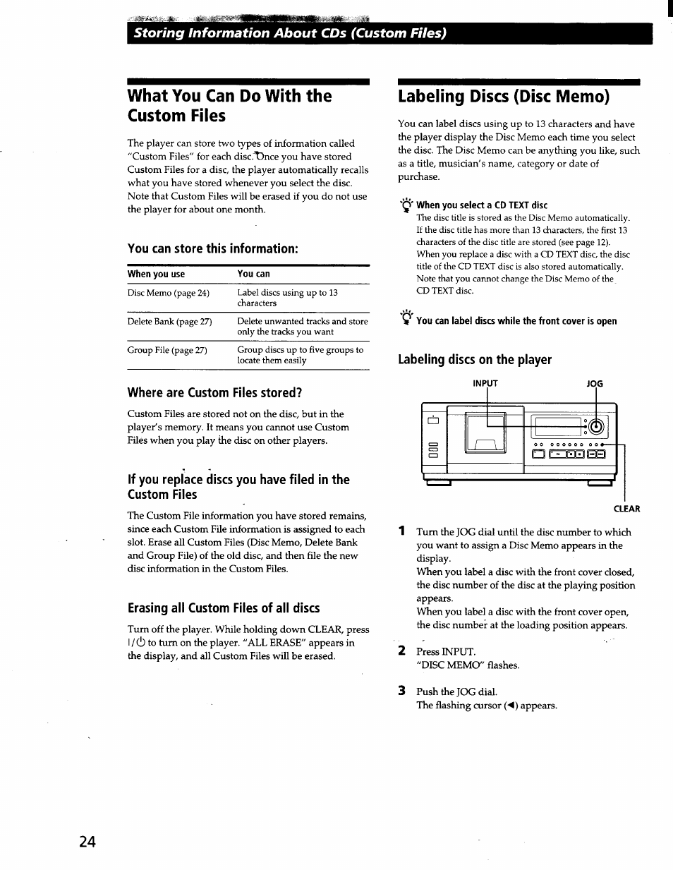 You can store this information, Where are custom files stored, Erasing all custom files of all discs | When you select a cd text disc, Labeling discs on the player, What you can do with the custom files, Storing information about cds (custom files) | Sony CDP-CX57 User Manual | Page 25 / 33
