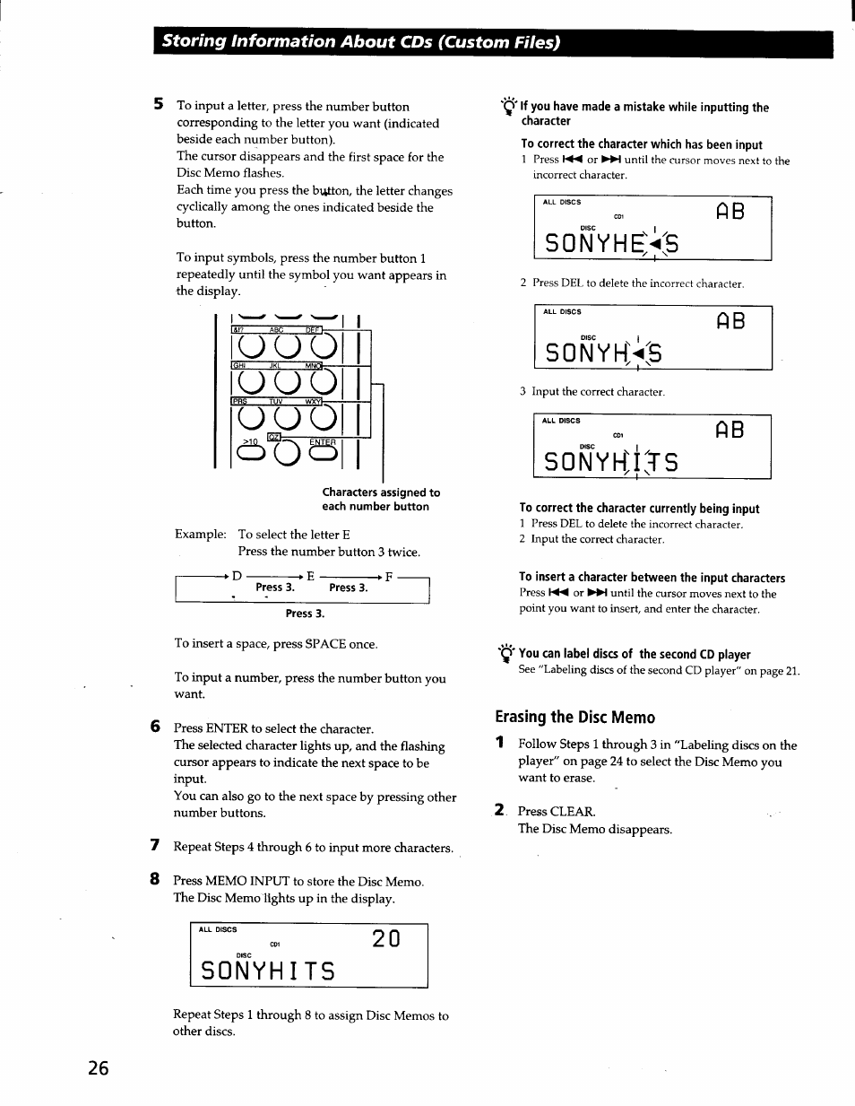 To insert a character between the input characters, Q' you can label discs of the second cd player, Erasing the disc memo | U u o, Sonyhevs, Sonyhvs ab, Storing information about cds (custom files) | Sony CDP-CX57 User Manual | Page 27 / 33