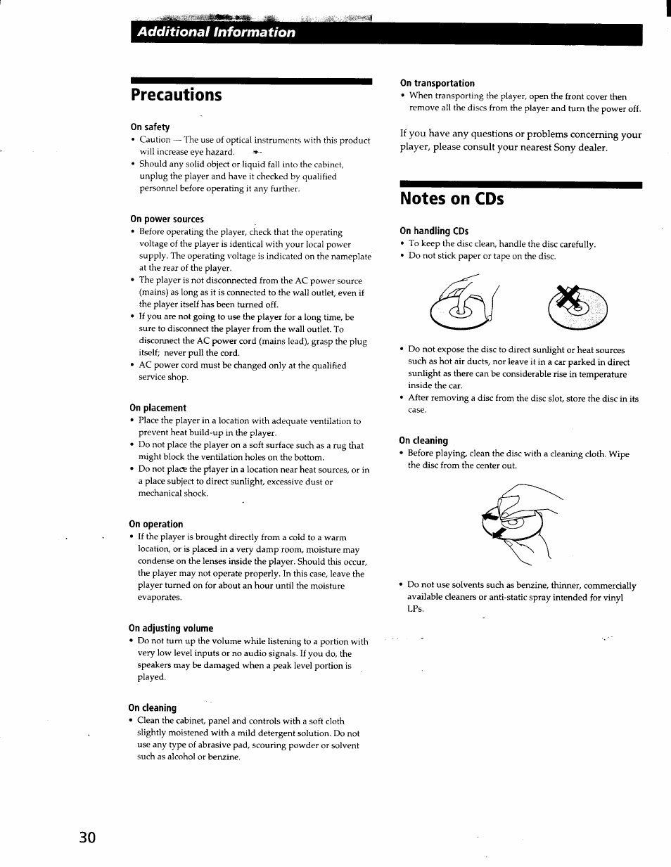 On safety, On power sources, On placement | On operation, On adjusting volume, On cleaning, On transportation, On handling cds, Precautions, Additional information | Sony CDP-CX57 User Manual | Page 31 / 33