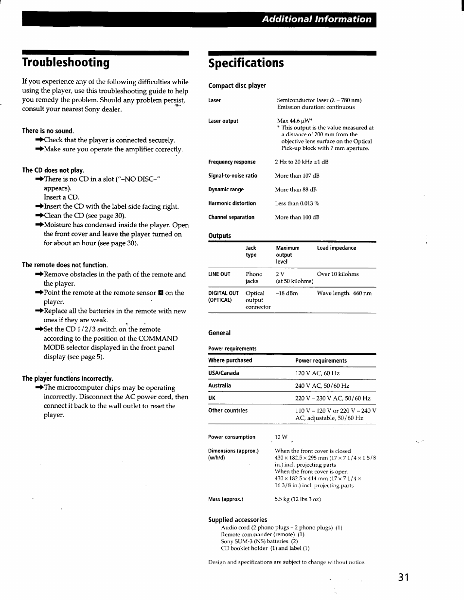 There is no sound, The cd does not play, The remote does not function | The player functions incorrectly, Troubleshooting, Specifications, Additional information | Sony CDP-CX57 User Manual | Page 32 / 33