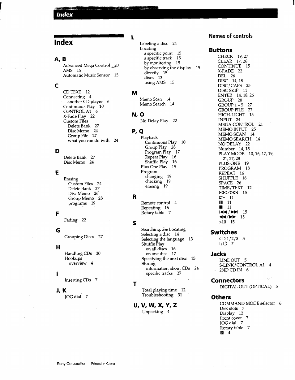 A, b, J, k, Im, o | P, q, U, v, w, x, y, z, Names of controls, Buttons, Switches, Jacks, Connectors | Sony CDP-CX57 User Manual | Page 33 / 33