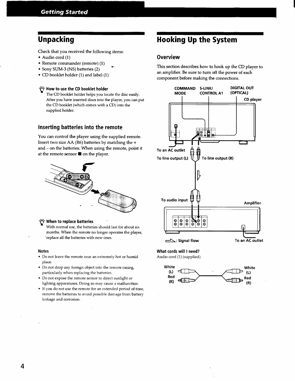 How to use the cd booklet holder, Inserting batteries into the remote, When to replace batteries | Overview, Notes, What cords will i need, Unpacking, Hooking up the system, Getting started | Sony CDP-CX57 User Manual | Page 4 / 33