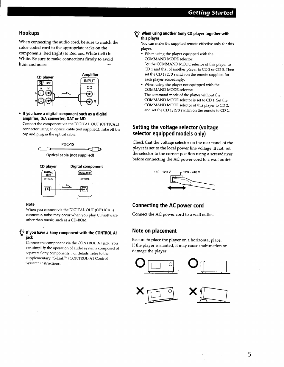 Hookups, Note, Connecting the ac power cord | Note on placement | Sony CDP-CX57 User Manual | Page 5 / 33