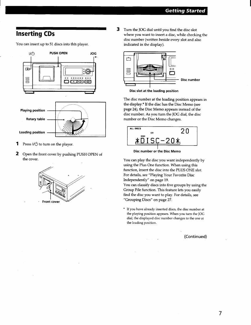 Cdisc-20, Inserting cds, Getting started | Sony CDP-CX57 User Manual | Page 7 / 33