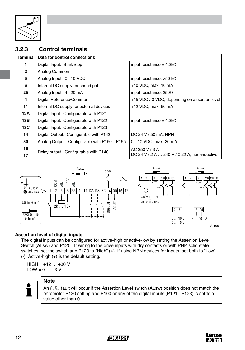 Installation, 3 control terminals, English 2 | AC International Lenze SV01B User Manual | Page 13 / 38