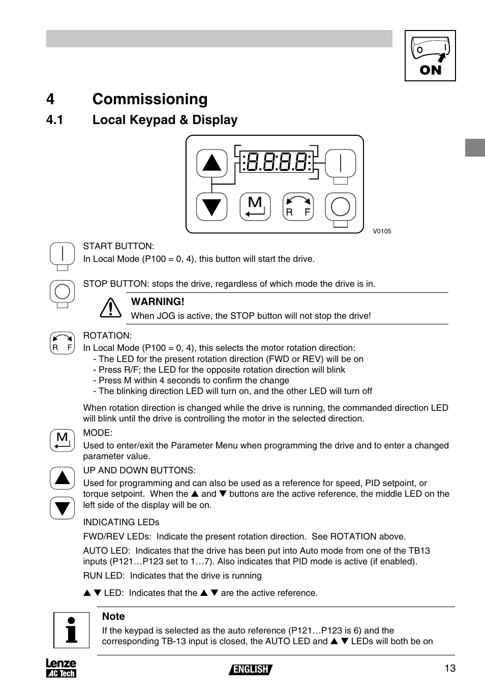 Commissioning 4 commissioning, 1 local keypad & display | AC International Lenze SV01B User Manual | Page 14 / 38