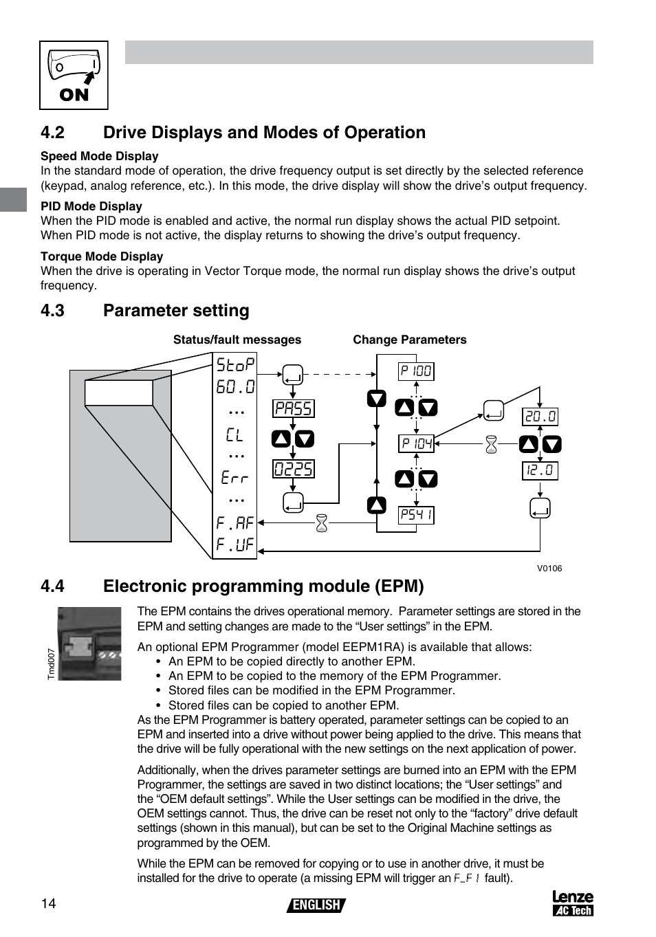 Commissioning, Stop 60.0 f.af f.uf cl err, Pass 0225 | 2 drive displays and modes of operation, 3 parameter setting, 4 electronic programming module (epm) | AC International Lenze SV01B User Manual | Page 15 / 38