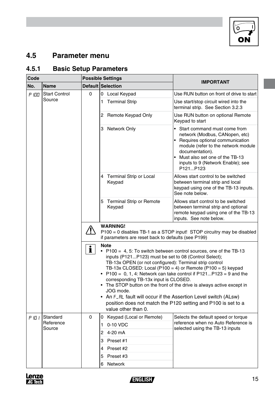 Commissioning, 5 parameter menu, 1 basic setup parameters | AC International Lenze SV01B User Manual | Page 16 / 38