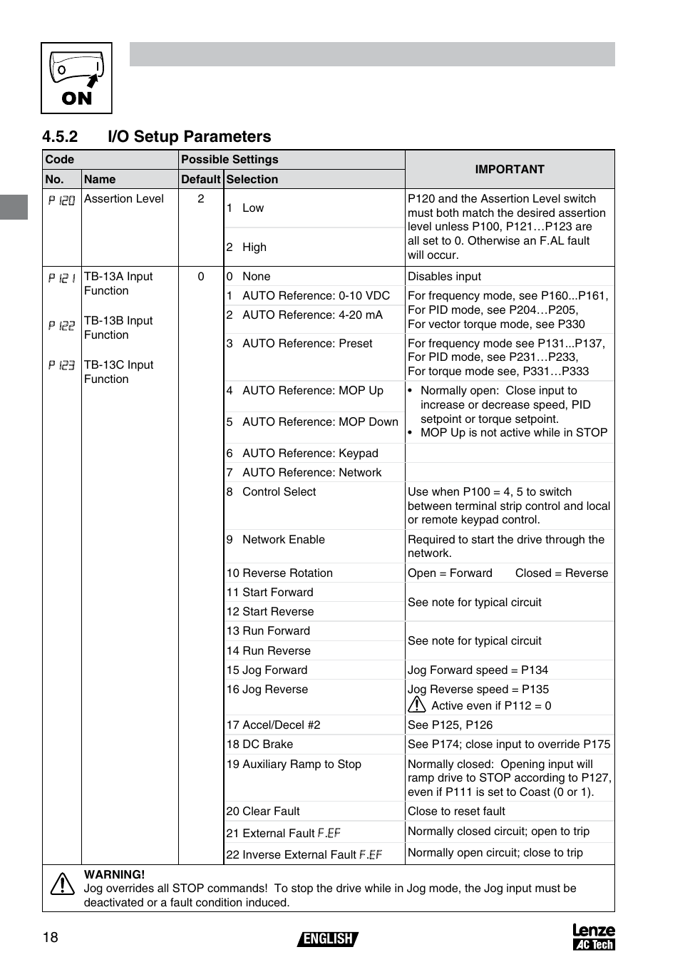 Commissioning, 2 i/o setup parameters, English 8 | AC International Lenze SV01B User Manual | Page 19 / 38