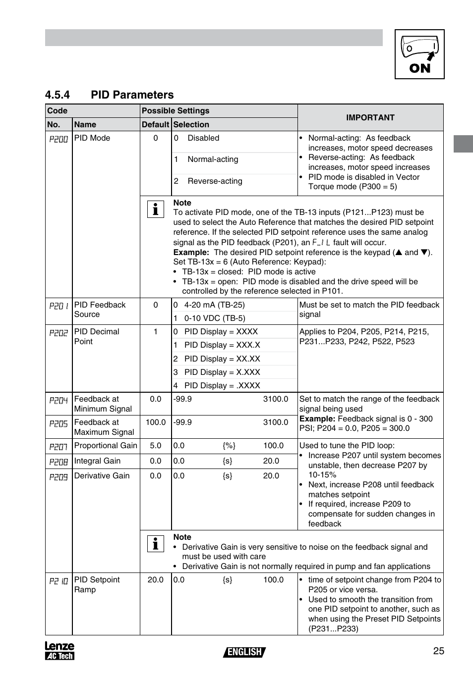 Commissioning, 4 pid parameters, English 25 | AC International Lenze SV01B User Manual | Page 26 / 38