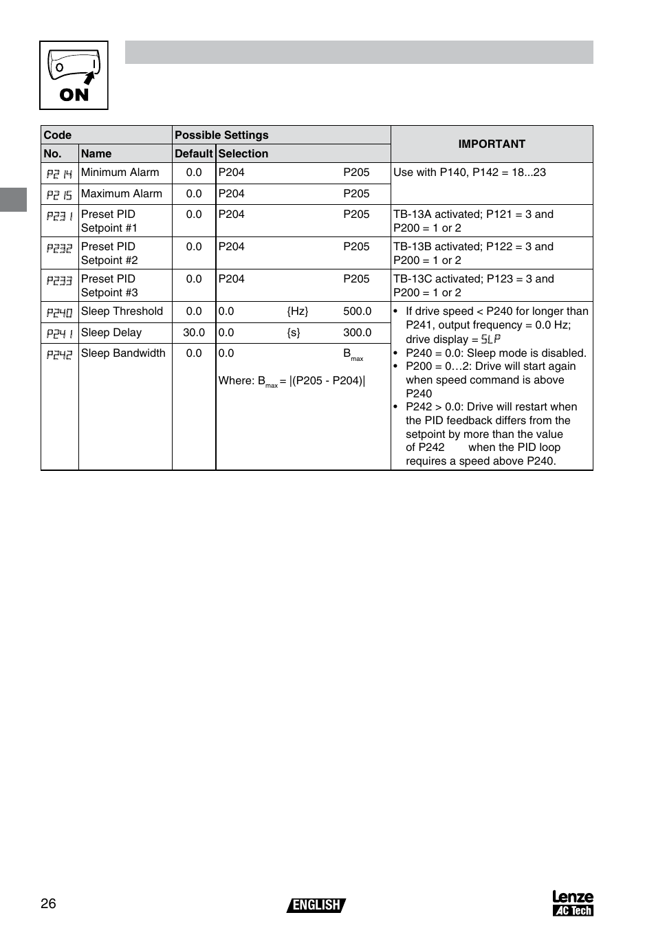 Commissioning, English 2 | AC International Lenze SV01B User Manual | Page 27 / 38