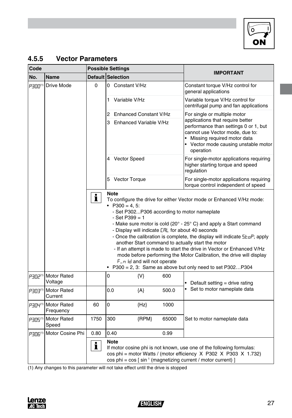 Commissioning, 5 vector parameters, English 27 | AC International Lenze SV01B User Manual | Page 28 / 38