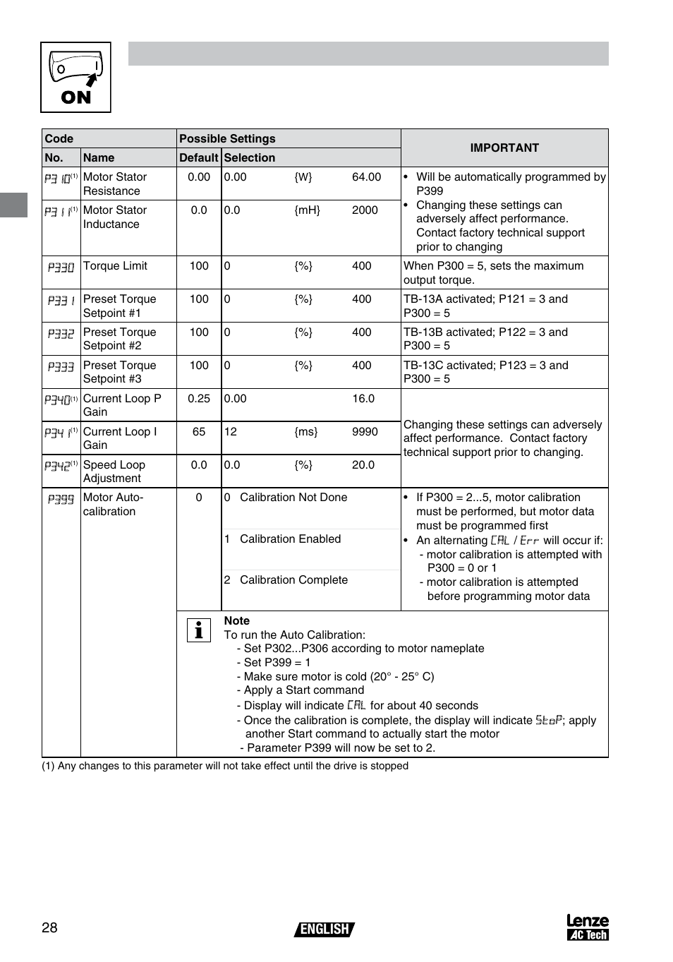 Commissioning, English 28 | AC International Lenze SV01B User Manual | Page 29 / 38