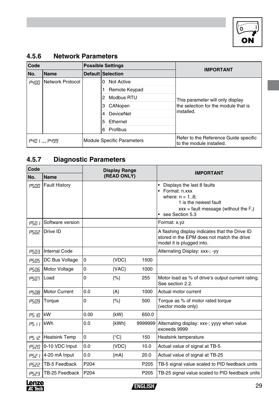 Commissioning, 6 network parameters, 7 diagnostic parameters | English 29 | AC International Lenze SV01B User Manual | Page 30 / 38