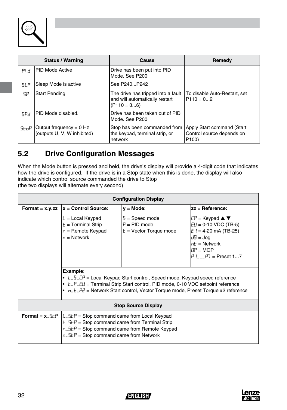 Troubleshooting and diagnostics, 2 drive configuration messages | AC International Lenze SV01B User Manual | Page 33 / 38