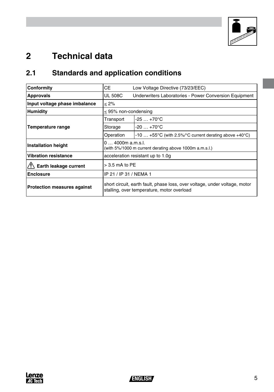 Technical data 2 technical data, 1 standards and application conditions | AC International Lenze SV01B User Manual | Page 6 / 38