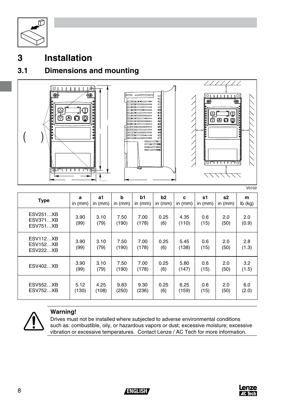 Installation 3 installation, 1 dimensions and mounting | AC International Lenze SV01B User Manual | Page 9 / 38