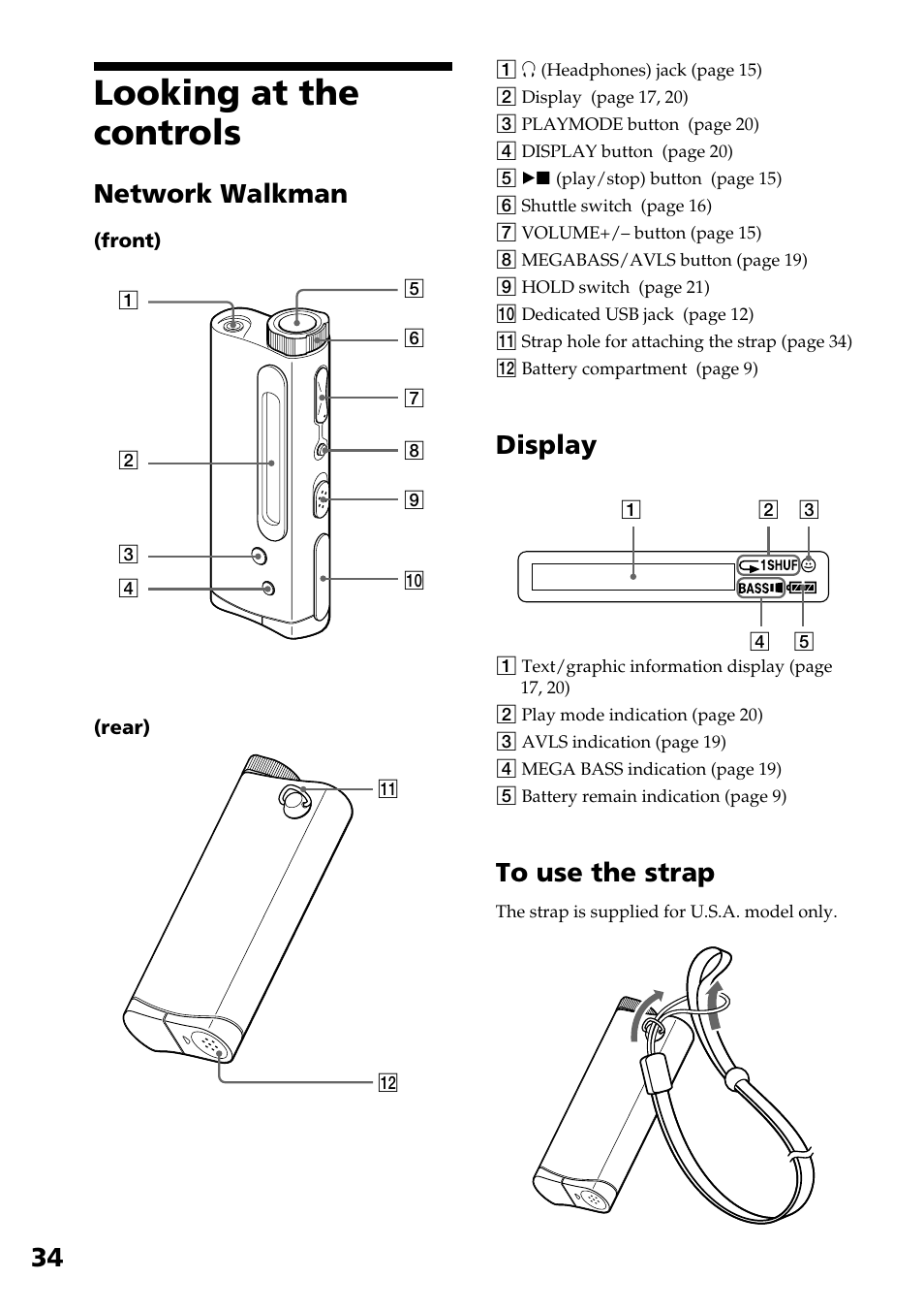 Looking at the controls, Network walkman, Display | Sony NW-E2 User Manual | Page 34 / 36