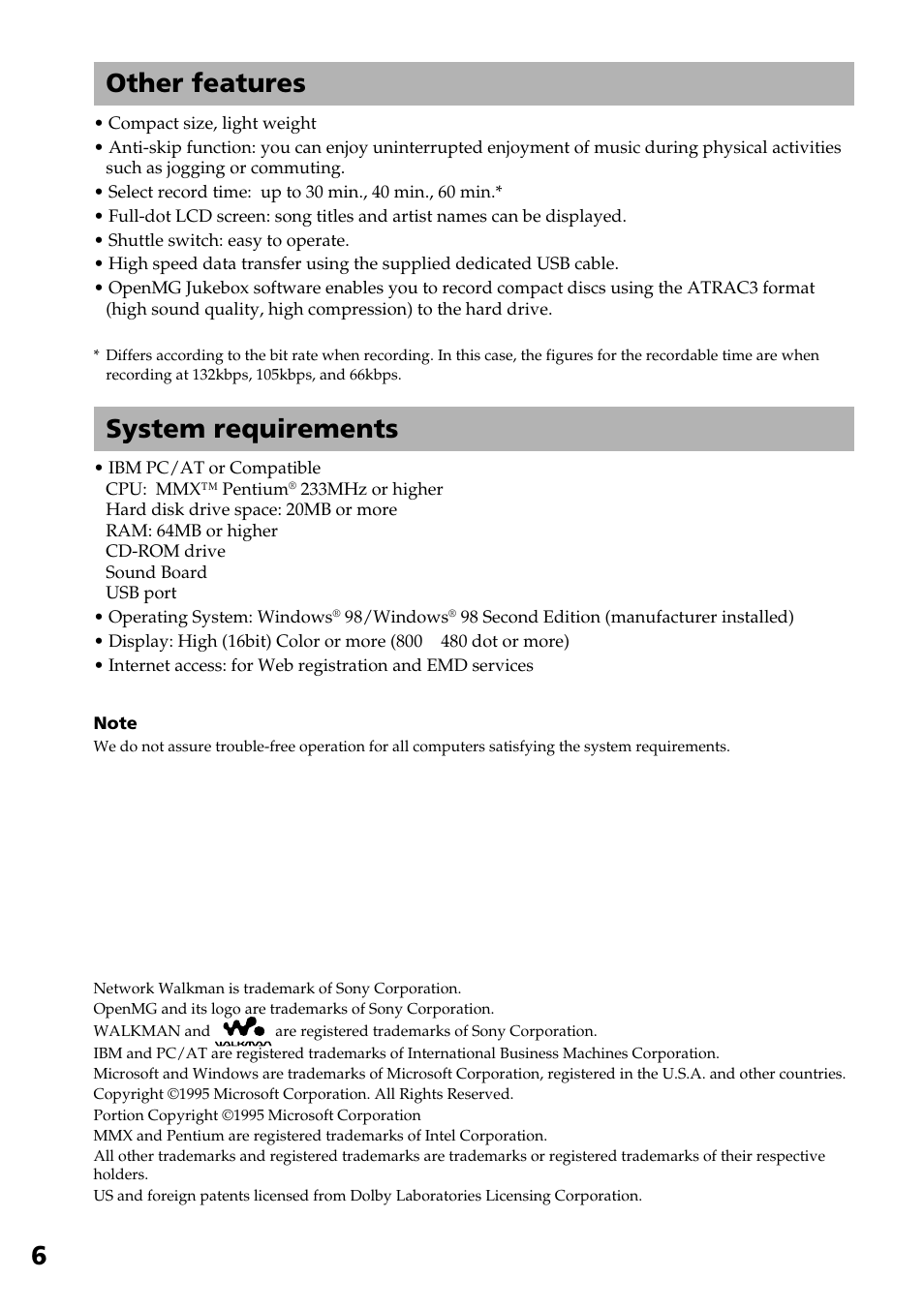 Other features, System requirements, 6other features | Sony NW-E2 User Manual | Page 6 / 36