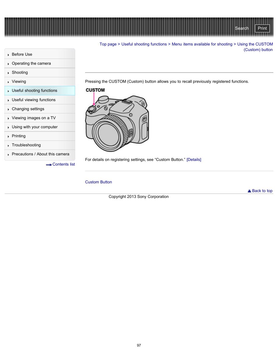 Using the custom (custom) button, Cyber-shot user guide | Sony DSC-HX300 User Manual | Page 104 / 252