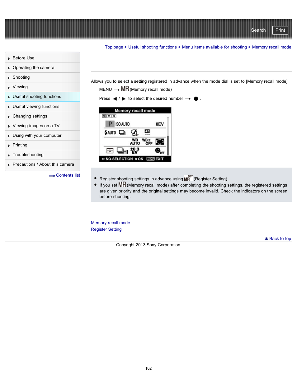 Memory recall mode, Cyber-shot user guide | Sony DSC-HX300 User Manual | Page 109 / 252