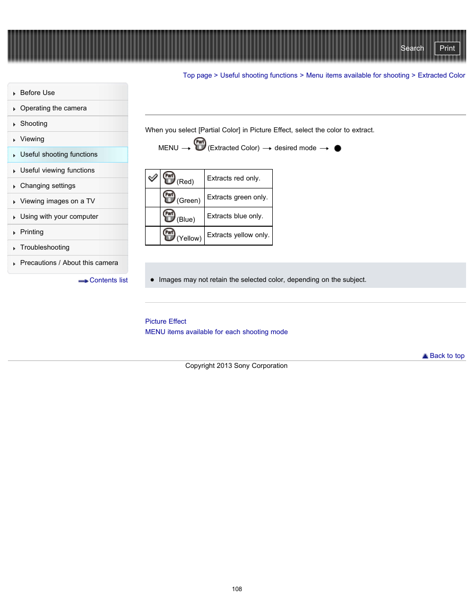 Extracted color, Cyber-shot user guide | Sony DSC-HX300 User Manual | Page 115 / 252