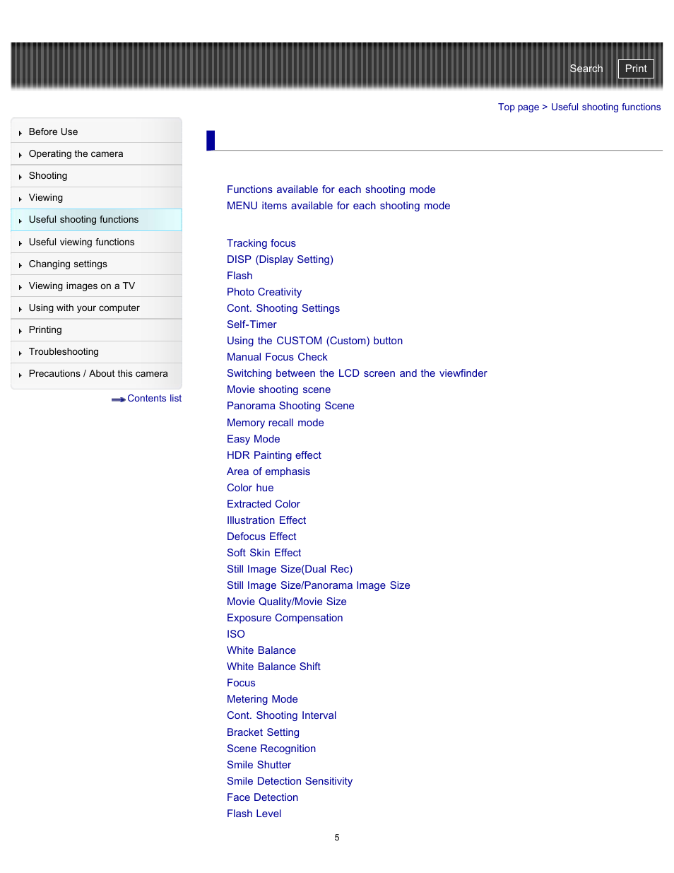 Useful shooting functions, Functions available for each shooting mode, Menu items available for shooting | Cyber-shot user guide | Sony DSC-HX300 User Manual | Page 12 / 252