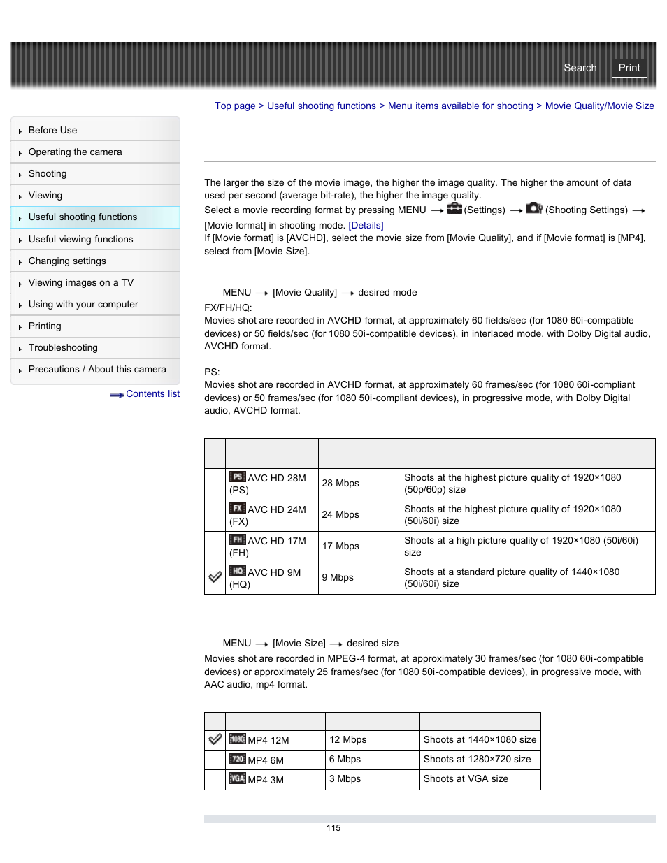 Movie quality/movie size, Cyber-shot user guide | Sony DSC-HX300 User Manual | Page 122 / 252