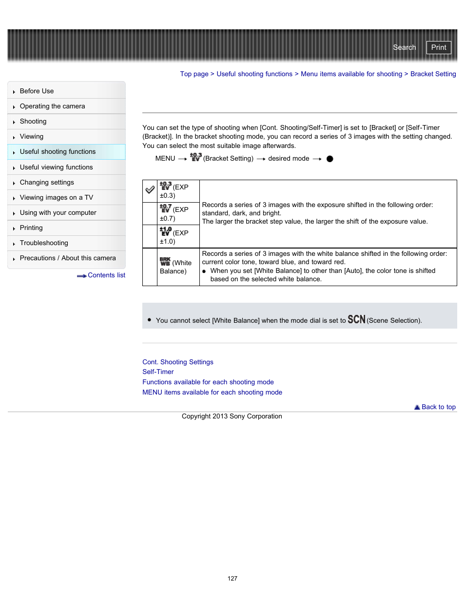 Bracket setting, Cyber-shot user guide | Sony DSC-HX300 User Manual | Page 134 / 252