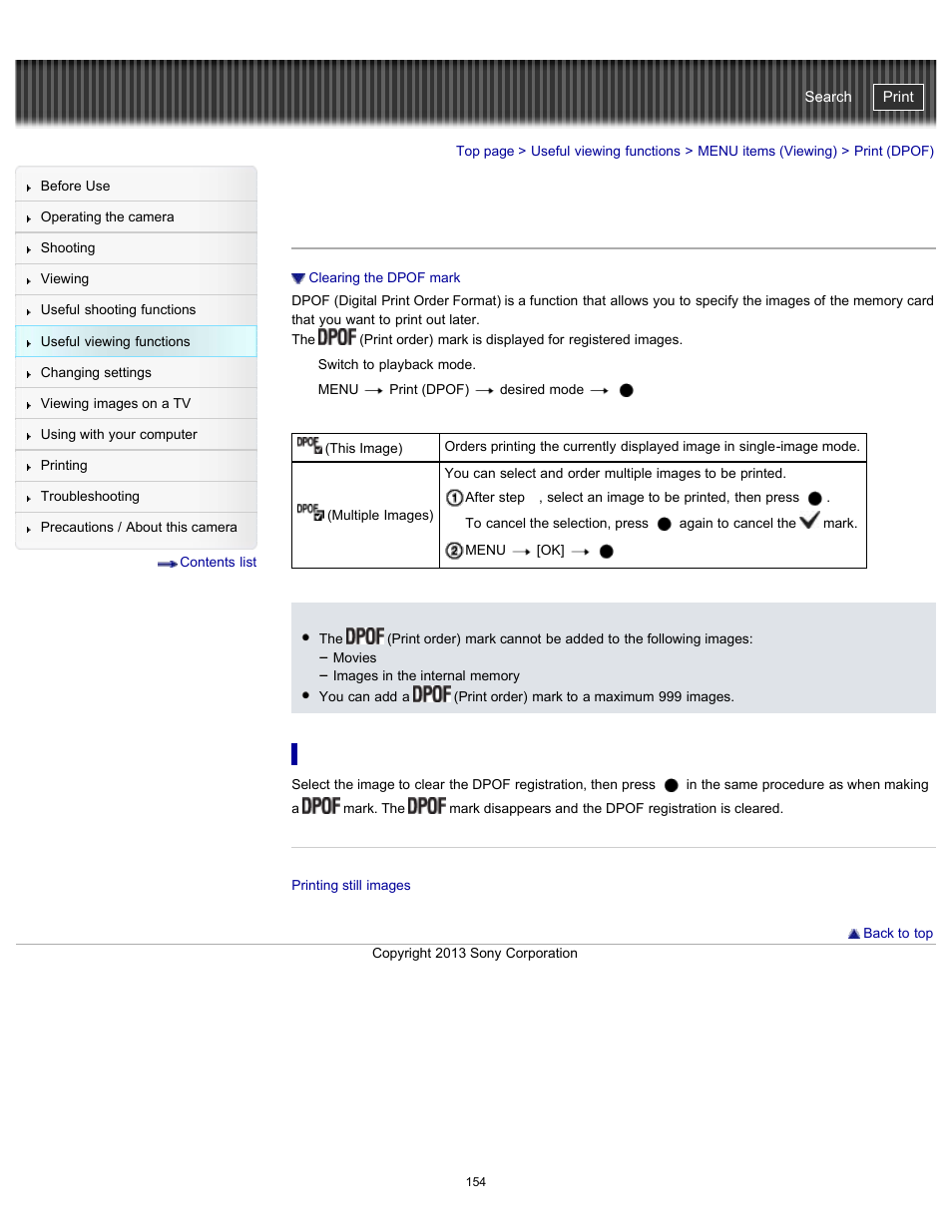 Print (dpof), Cyber-shot user guide | Sony DSC-HX300 User Manual | Page 161 / 252